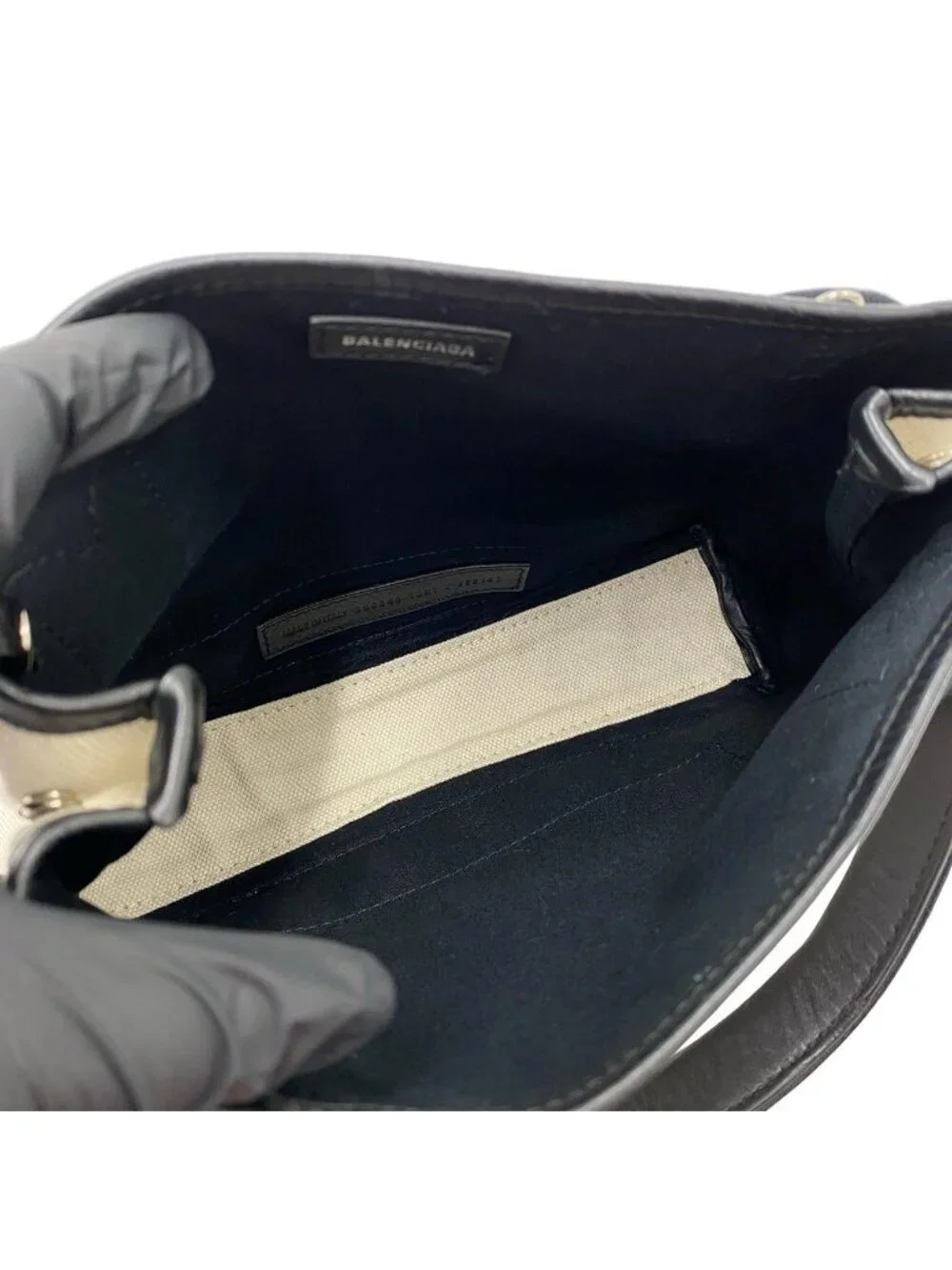 Balenciaga Navy Cabas S Canvas Leather 2-Way Shoulder Bag Black Ivory